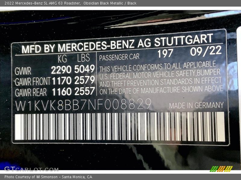 2022 SL AMG 63 Roadster Obsidian Black Metallic Color Code 197