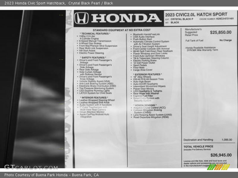  2023 Civic Sport Hatchback Window Sticker