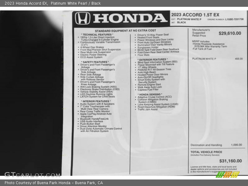 Platinum White Pearl / Black 2023 Honda Accord EX