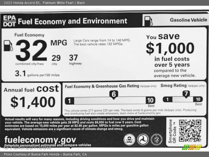 Platinum White Pearl / Black 2023 Honda Accord EX