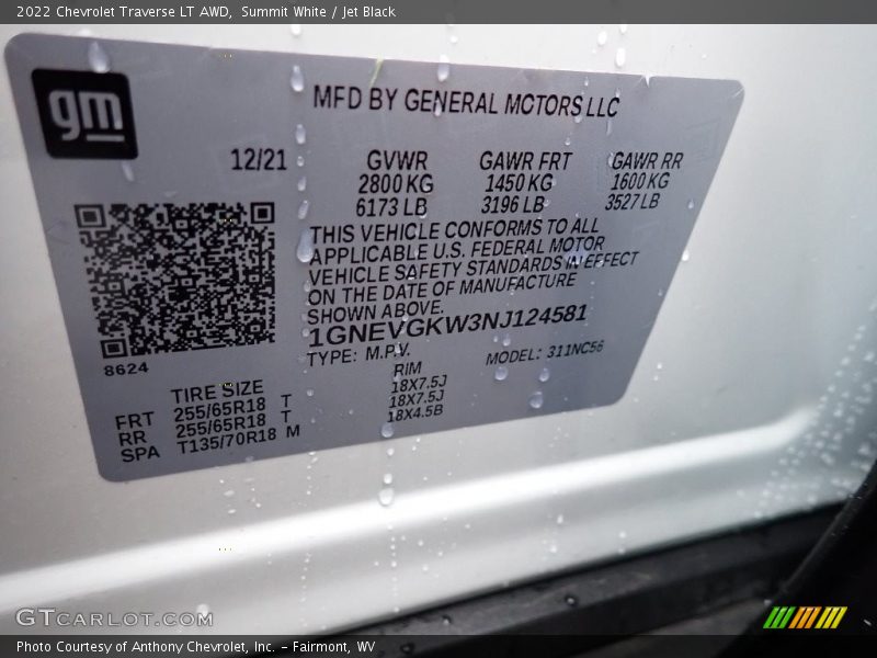 Summit White / Jet Black 2022 Chevrolet Traverse LT AWD