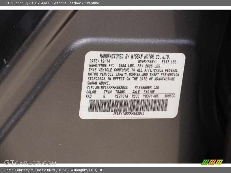 2015 Q70 3.7 AWD Graphite Shadow Color Code KAD