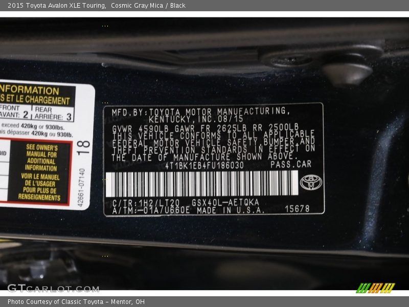 2015 Avalon XLE Touring Cosmic Gray Mica Color Code 1H2