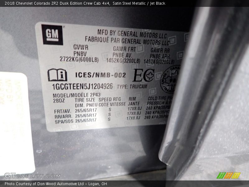 Satin Steel Metallic / Jet Black 2018 Chevrolet Colorado ZR2 Dusk Edition Crew Cab 4x4