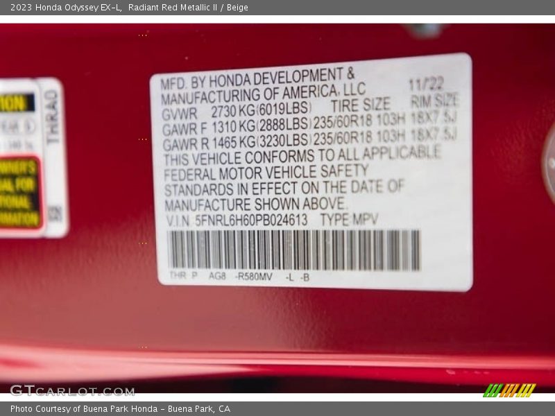 Radiant Red Metallic II / Beige 2023 Honda Odyssey EX-L