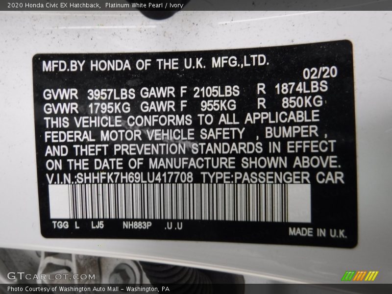 Platinum White Pearl / Ivory 2020 Honda Civic EX Hatchback