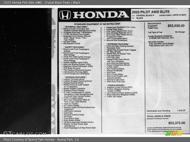  2023 Pilot Elite AWD Window Sticker