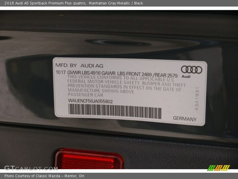 Manhattan Gray Metallic / Black 2018 Audi A5 Sportback Premium Plus quattro