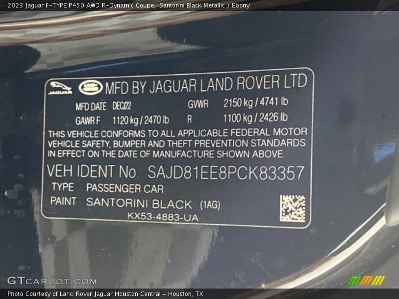 2023 F-TYPE P450 AWD R-Dynamic Coupe Santorini Black Metallic Color Code 1AG