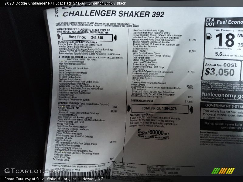  2023 Challenger R/T Scat Pack Shaker Window Sticker