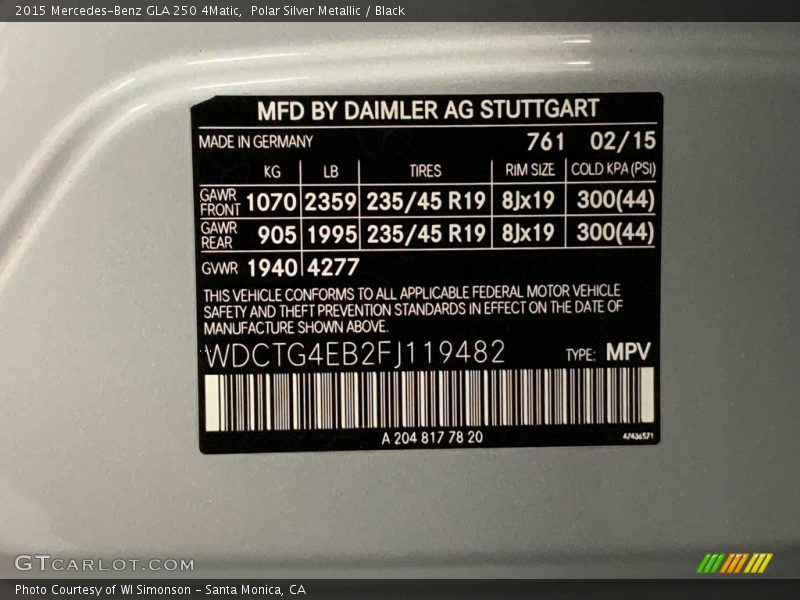 2015 GLA 250 4Matic Polar Silver Metallic Color Code 761