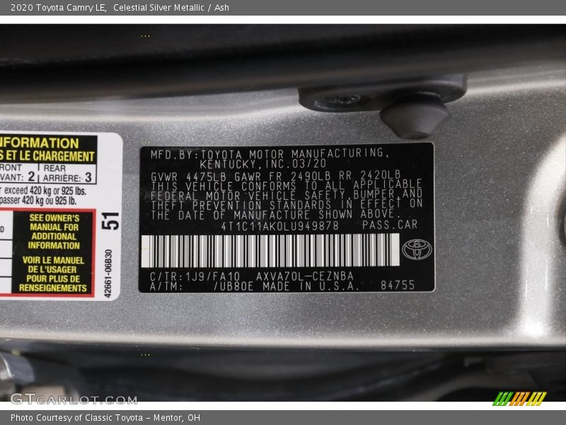 Celestial Silver Metallic / Ash 2020 Toyota Camry LE