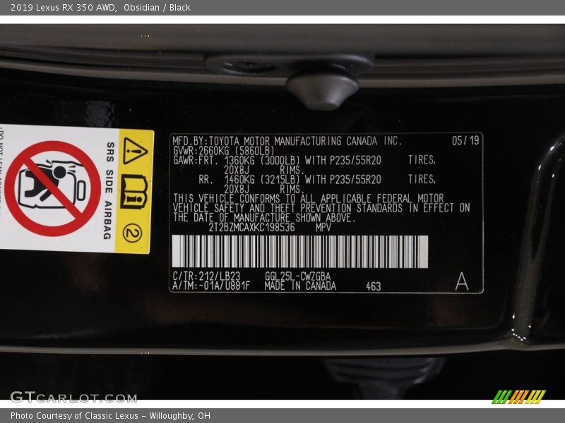 Obsidian / Black 2019 Lexus RX 350 AWD