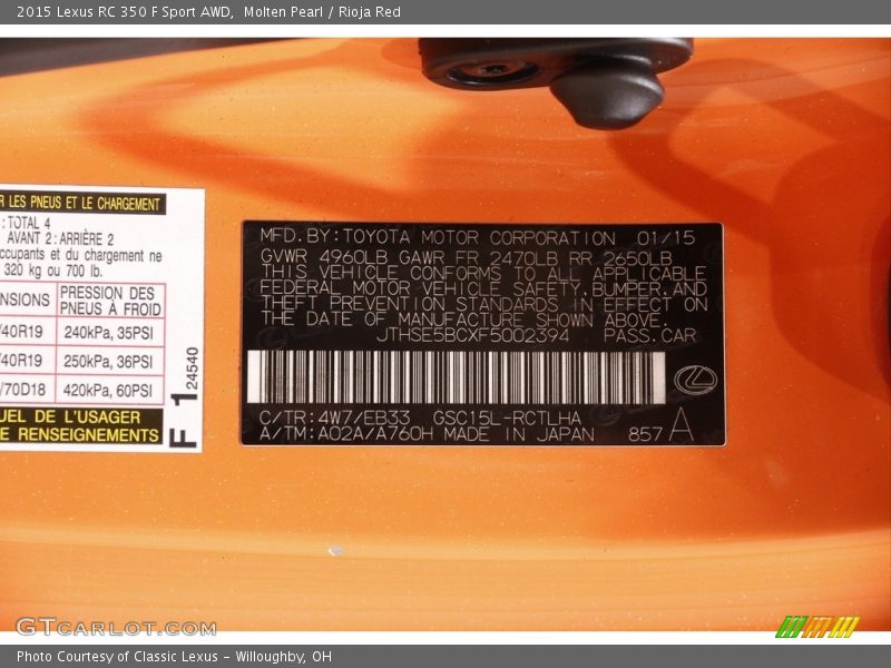 2015 RC 350 F Sport AWD Molten Pearl Color Code 4W7