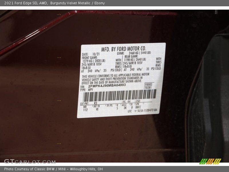 2021 Edge SEL AWD Burgundy Velvet Metallic Color Code R3