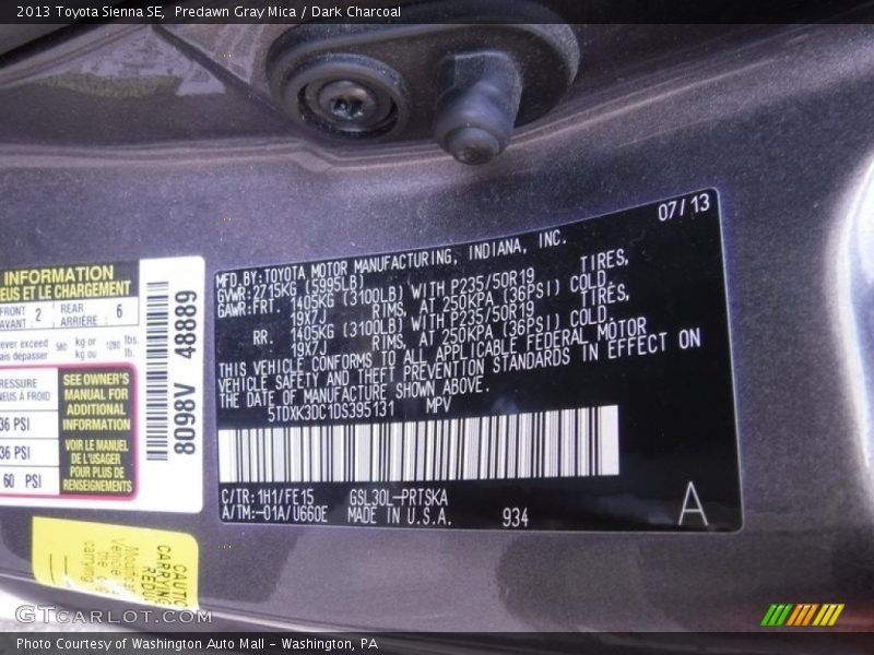 Predawn Gray Mica / Dark Charcoal 2013 Toyota Sienna SE