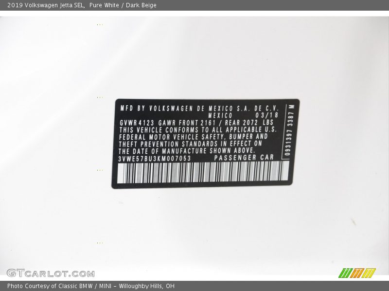 Pure White / Dark Beige 2019 Volkswagen Jetta SEL