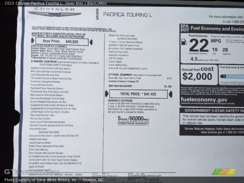  2023 Pacifica Touring L Window Sticker