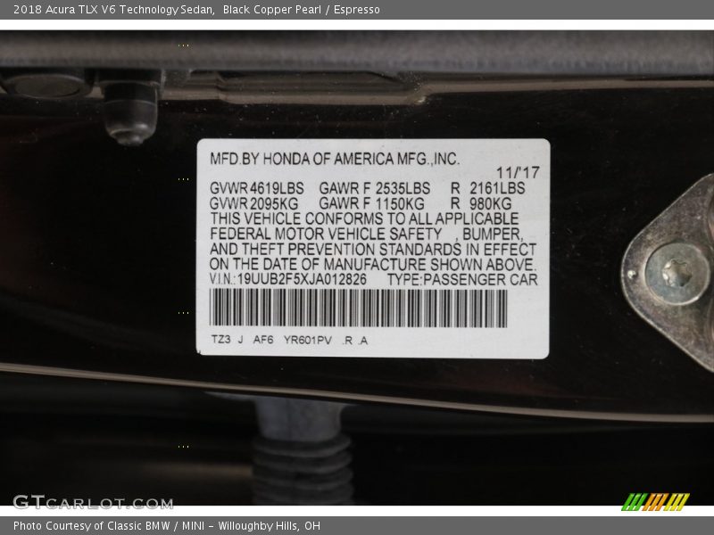 2018 TLX V6 Technology Sedan Black Copper Pearl Color Code YR601PV