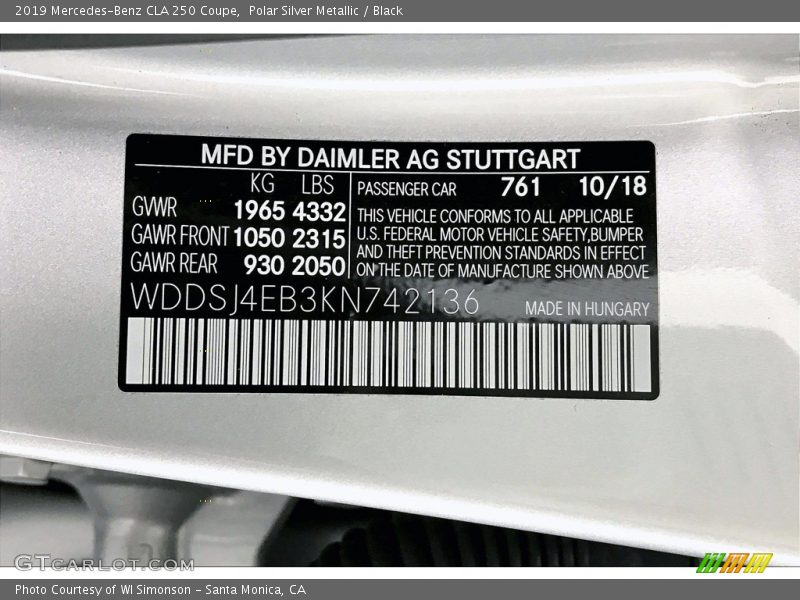 Polar Silver Metallic / Black 2019 Mercedes-Benz CLA 250 Coupe