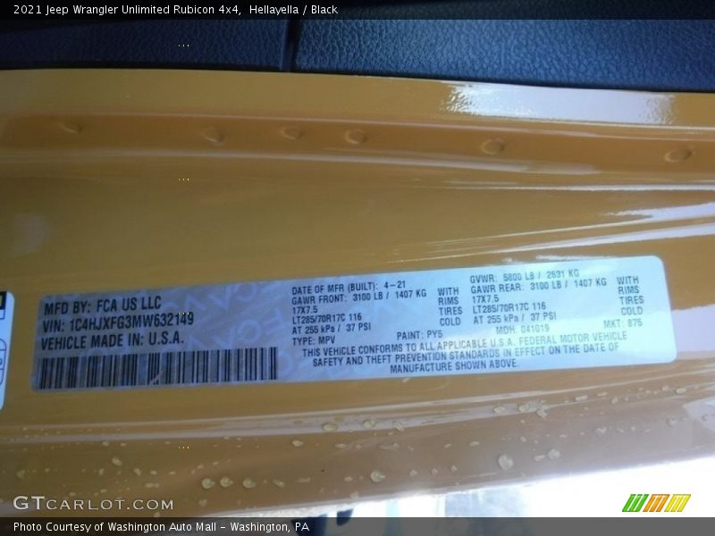 2021 Wrangler Unlimited Rubicon 4x4 Hellayella Color Code PY5