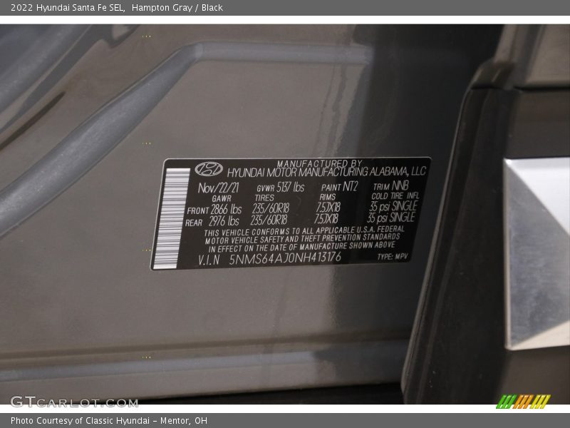 Hampton Gray / Black 2022 Hyundai Santa Fe SEL