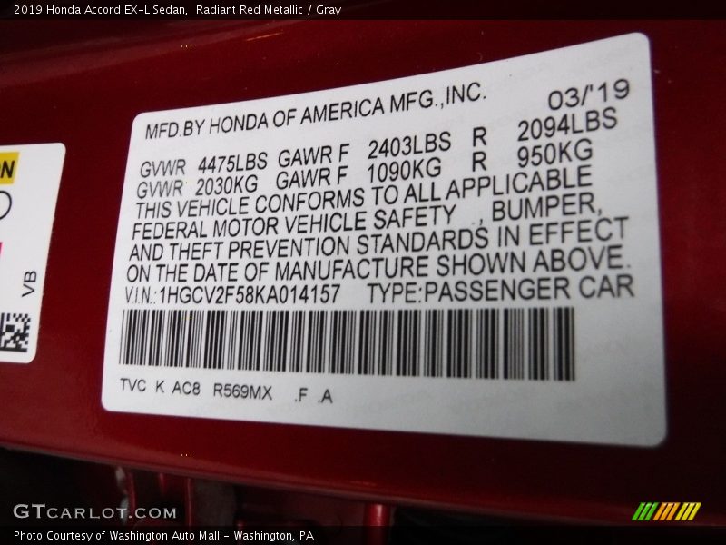 Radiant Red Metallic / Gray 2019 Honda Accord EX-L Sedan