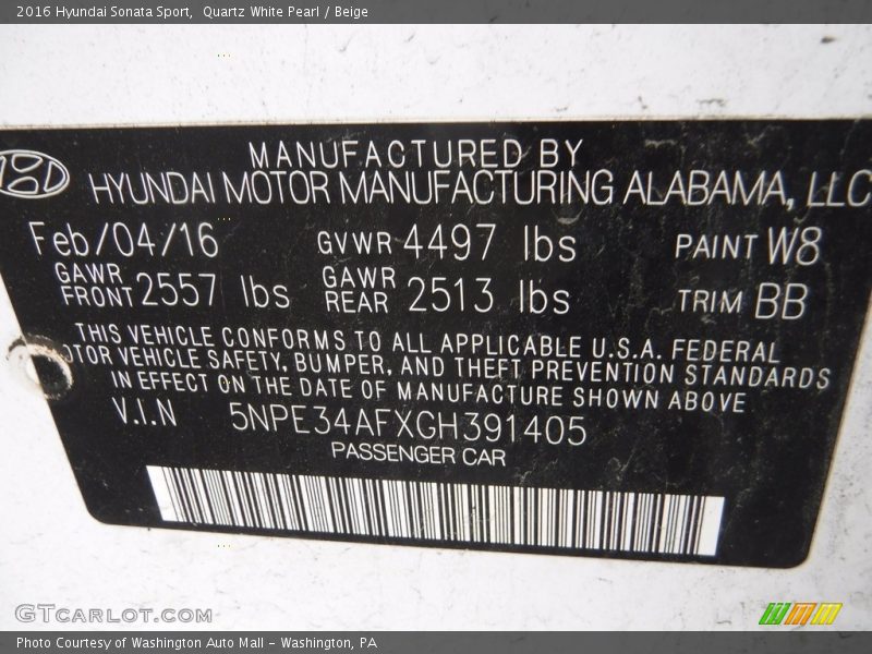 2016 Sonata Sport Quartz White Pearl Color Code W8