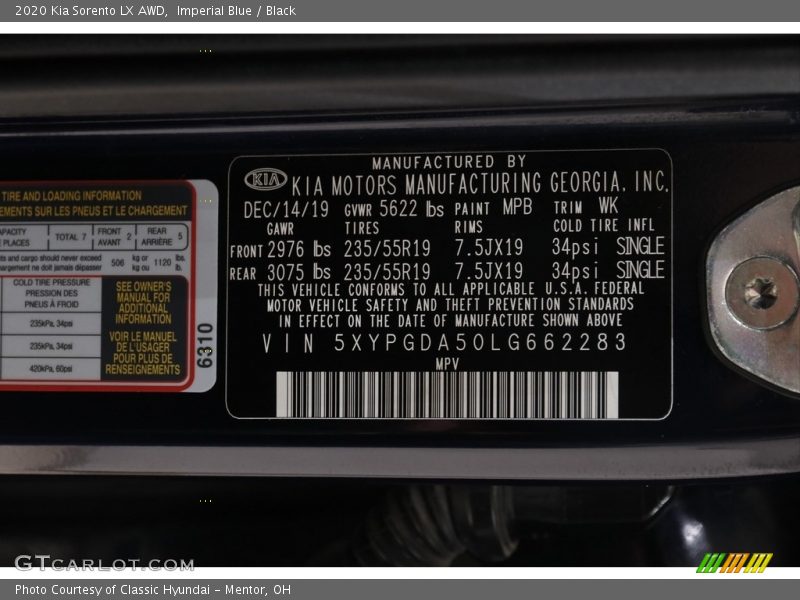 2020 Sorento LX AWD Imperial Blue Color Code MPB