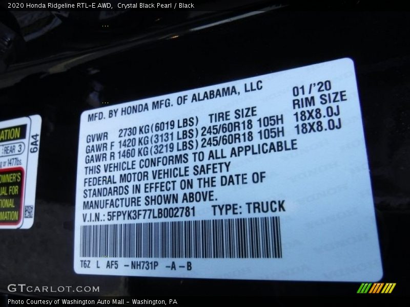 Crystal Black Pearl / Black 2020 Honda Ridgeline RTL-E AWD