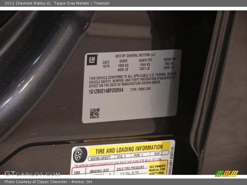 Taupe Gray Metallic / Titanium 2011 Chevrolet Malibu LS