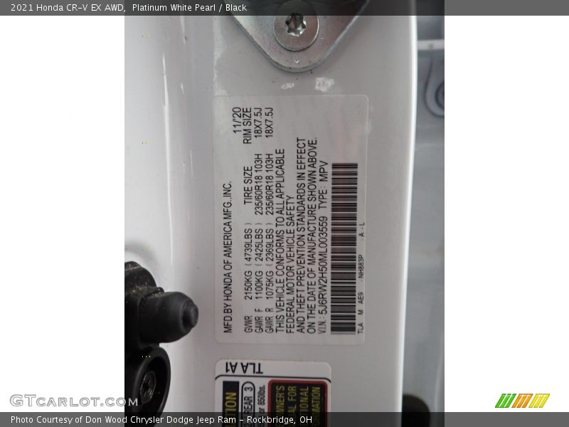 Platinum White Pearl / Black 2021 Honda CR-V EX AWD