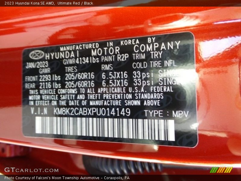 2023 Kona SE AWD Ultimate Red Color Code R2P
