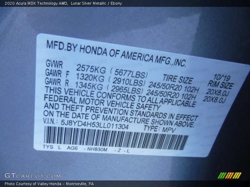 Lunar Silver Metallic / Ebony 2020 Acura MDX Technology AWD