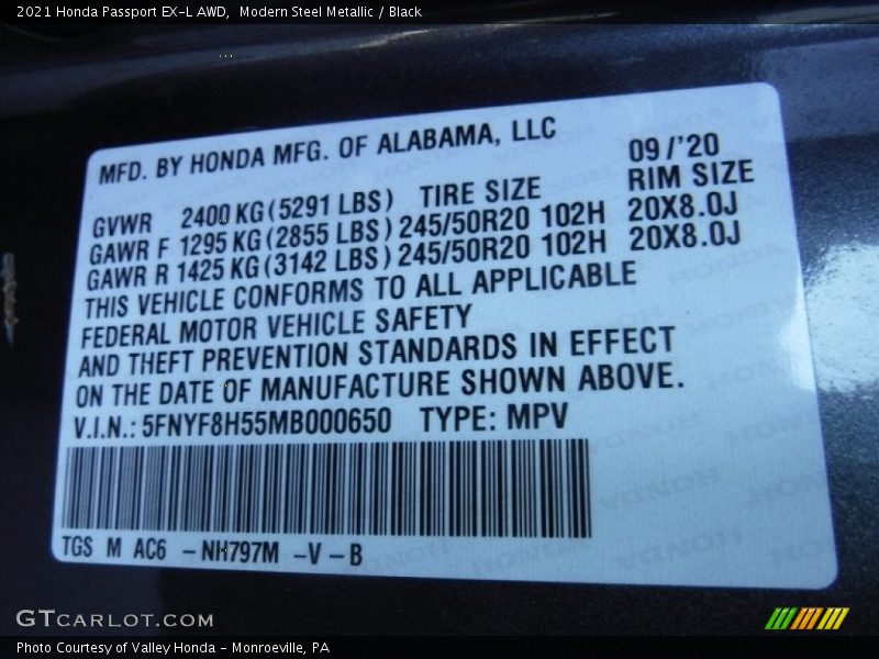 Modern Steel Metallic / Black 2021 Honda Passport EX-L AWD