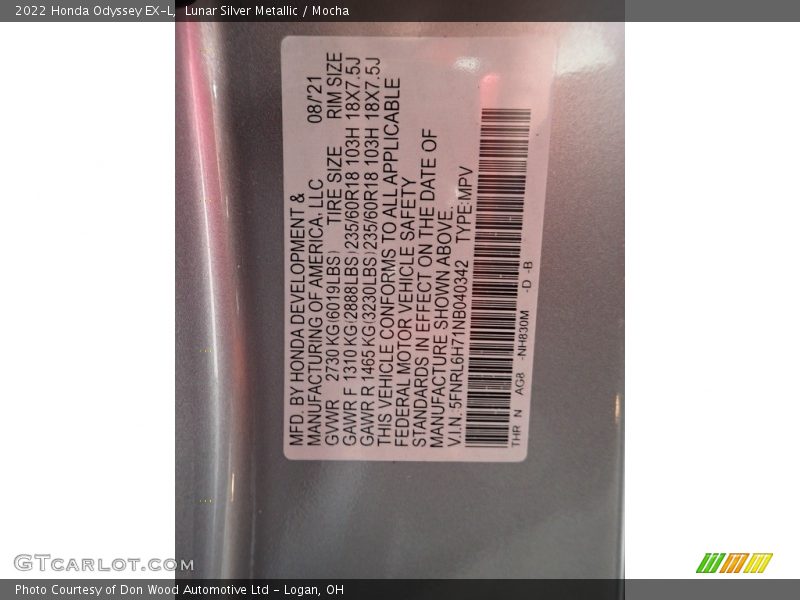 Lunar Silver Metallic / Mocha 2022 Honda Odyssey EX-L
