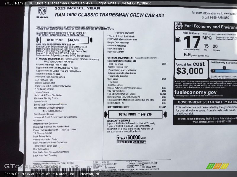  2023 1500 Classic Tradesman Crew Cab 4x4 Window Sticker
