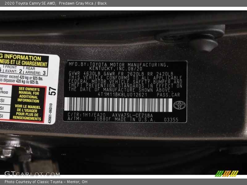 Predawn Gray Mica / Black 2020 Toyota Camry SE AWD