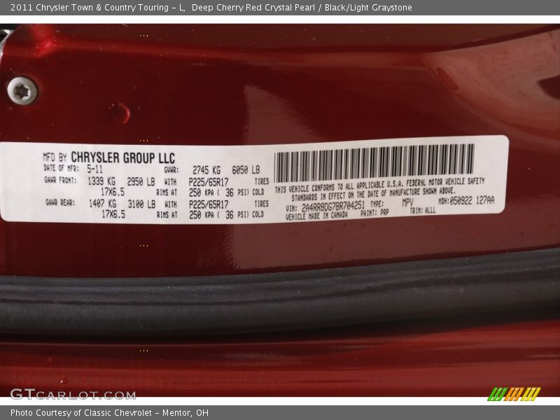 Deep Cherry Red Crystal Pearl / Black/Light Graystone 2011 Chrysler Town & Country Touring - L