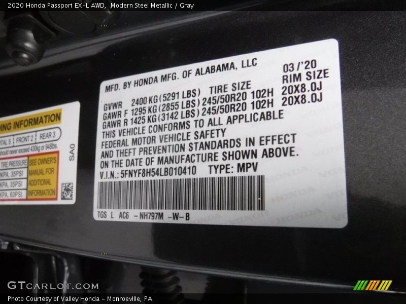 2020 Passport EX-L AWD Modern Steel Metallic Color Code NH797M