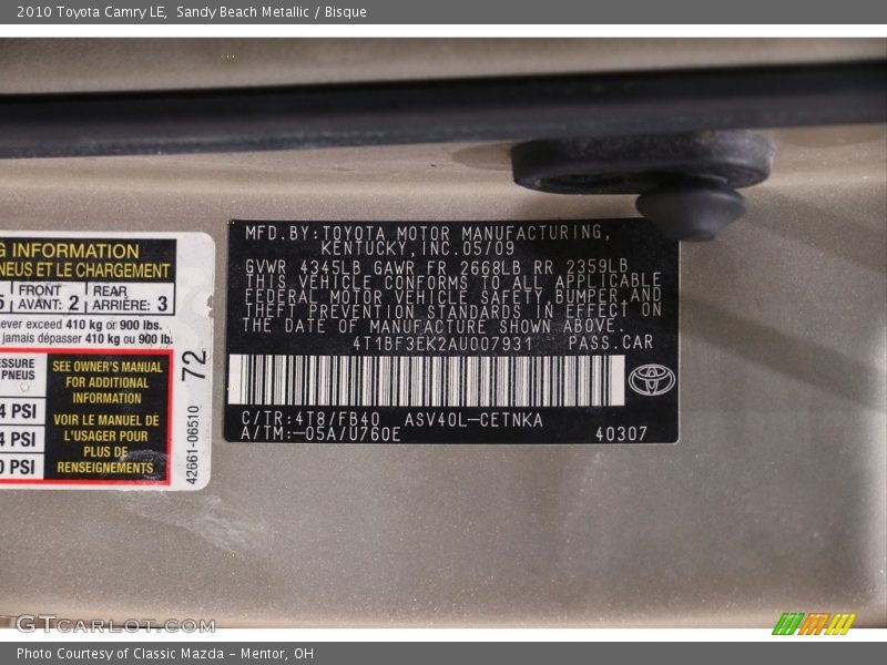 Sandy Beach Metallic / Bisque 2010 Toyota Camry LE