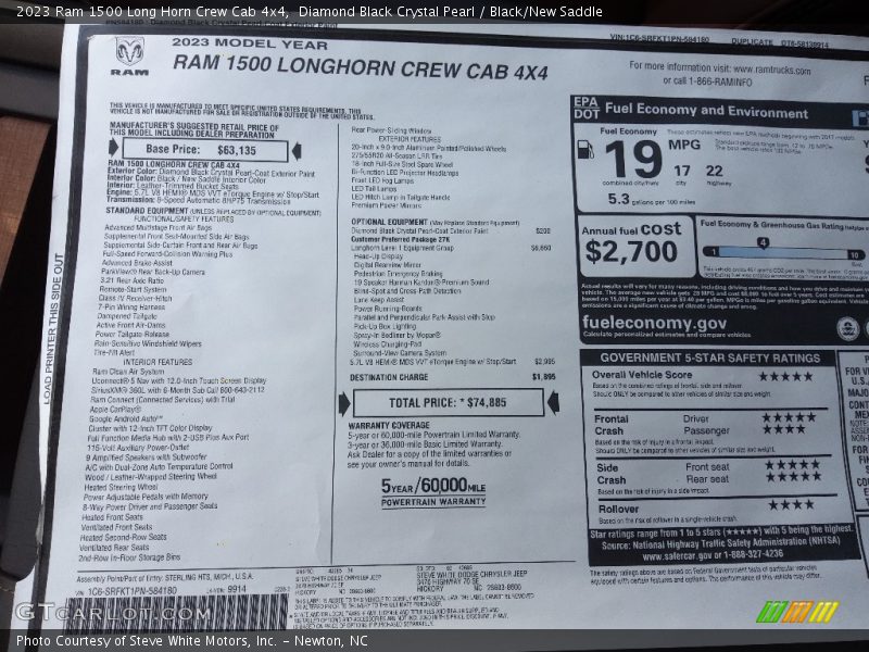 Diamond Black Crystal Pearl / Black/New Saddle 2023 Ram 1500 Long Horn Crew Cab 4x4