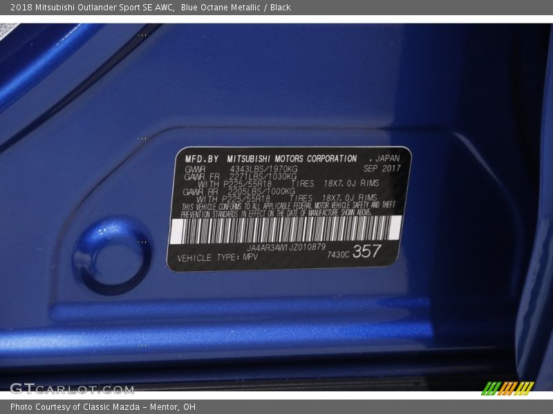 Blue Octane Metallic / Black 2018 Mitsubishi Outlander Sport SE AWC
