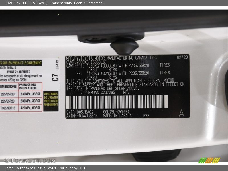 Eminent White Pearl / Parchment 2020 Lexus RX 350 AWD