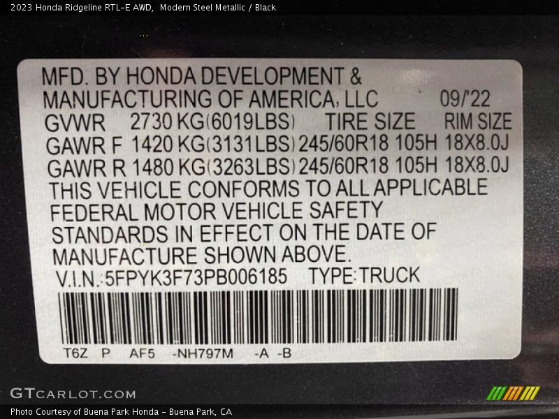 Modern Steel Metallic / Black 2023 Honda Ridgeline RTL-E AWD