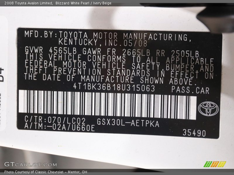 Blizzard White Pearl / Ivory Beige 2008 Toyota Avalon Limited
