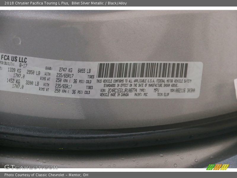 Billet Silver Metallic / Black/Alloy 2018 Chrysler Pacifica Touring L Plus