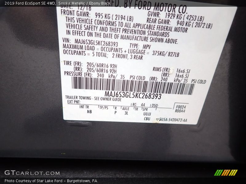 Smoke Metallic / Ebony Black 2019 Ford EcoSport SE 4WD