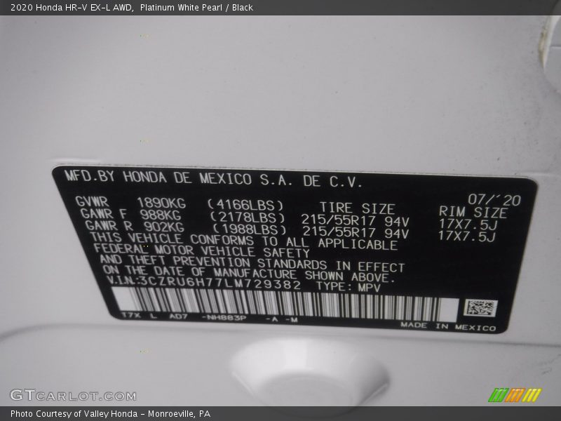 Platinum White Pearl / Black 2020 Honda HR-V EX-L AWD