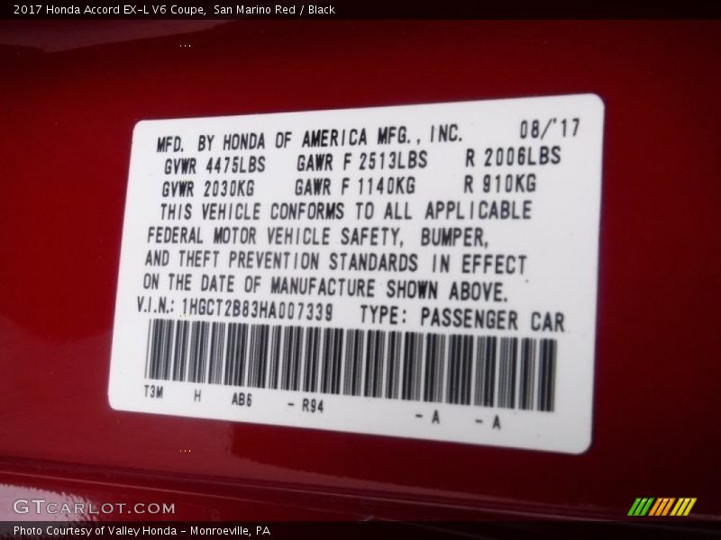 San Marino Red / Black 2017 Honda Accord EX-L V6 Coupe